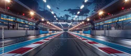 Empty pole position and racetrack finish line with steel gate and floodlights illuminated sport stadium at night Professional digital 3d illustration of racing sports