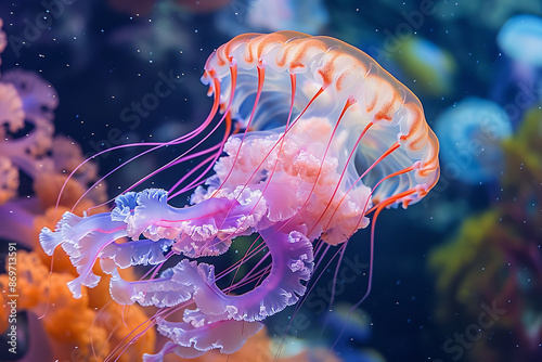 Captured in exquisite detail, a jellyfish with vibrant pink and orange hues floats gracefully in an aquarium. Its delicate tendrils undulate with serene beauty