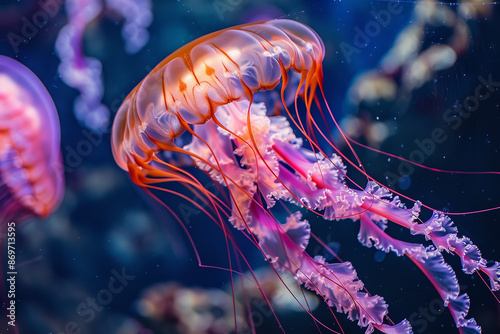 Captured in exquisite detail, a jellyfish with vibrant pink and orange hues floats gracefully in an aquarium. Its delicate tendrils undulate with serene beauty