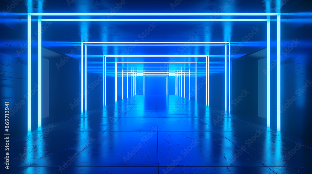 3D rendering of empty blue neon tunnel 3D rendering of empty blue neon tunnel