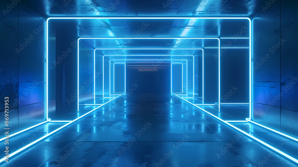 3D rendering of empty blue neon tunnel 3D rendering of empty blue neon tunnel