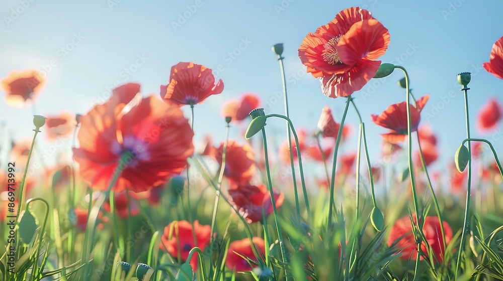Fototapeta premium Vibrant red poppy flowers in a sunlit field. Beautiful close-up of delicate petals swaying in the breeze. Perfect for nature and floral themed projects. AI