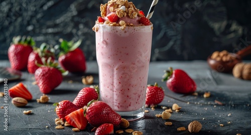 Creamy Strawberry Smoothie With Nut Topping and Fresh Strawberries