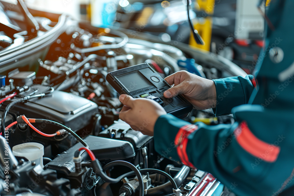 In a bustling car repair station, a close-up captures a skilled technician meticulously inspecting a vehicle In a bustling car repair station, a close-up captures a skilled technician meticulously inspecting a vehicle