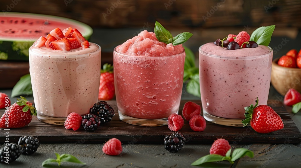 Three glasses of strawberry smoothies with raspberries and blackberries Three glasses of strawberry smoothies with raspberries and blackberries