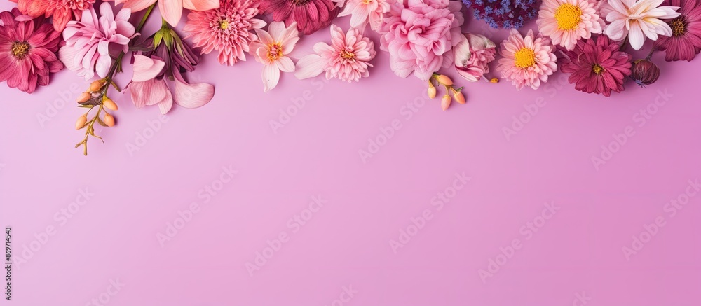 Fototapeta premium Various beautiful flowers displayed on a pink backdrop in a flat lay composition with an available copy space image.