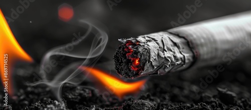 Concept of quitting smoking depicted by a burning cigarette with copy space image. photo