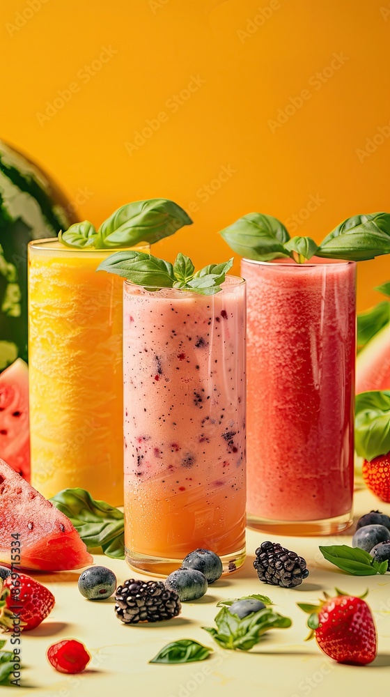 Three tall glasses of fruit smoothies are on a table with a variety of fruits Three tall glasses of fruit smoothies are on a table with a variety of fruits