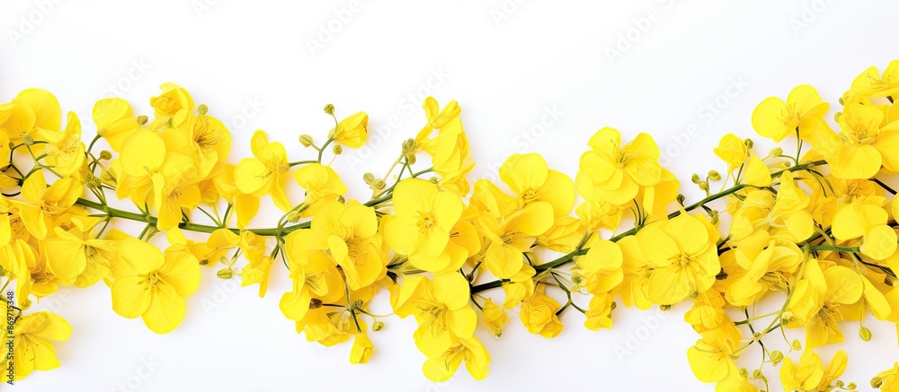 Rapeseed flowers on a white backdrop with copy space image available. Rapeseed flowers on a white backdrop with copy space image available.