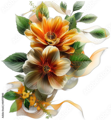 bunch of flowers with leaves and flowers on a white background