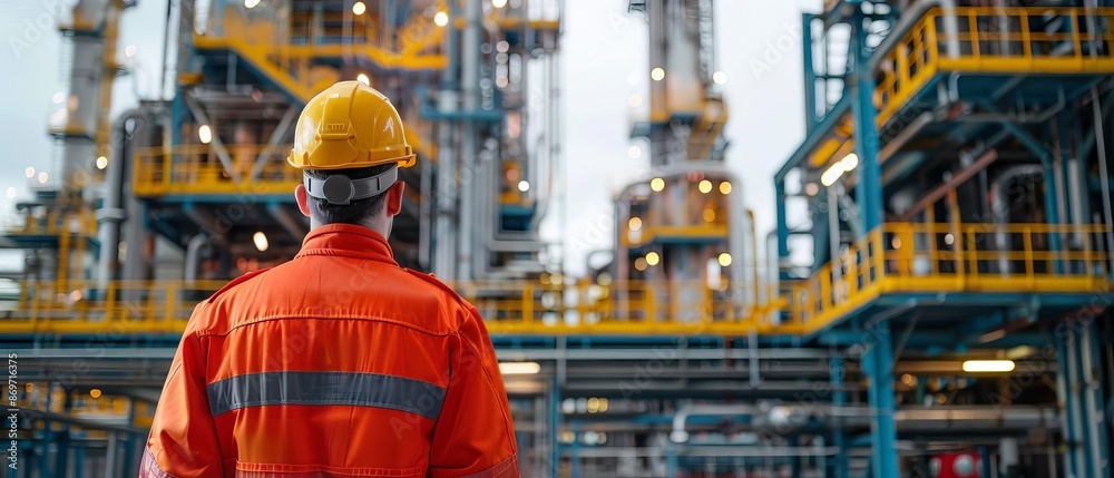 Worker in the petrochemical industry standing in oil rafinery complex Postproducted generative AI illustration, add copyspace for text Worker in the petrochemical industry standing in oil rafinery complex Postproducted generative AI illustration, add copyspace for text