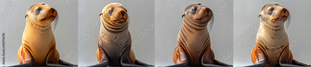 Obraz premium Photorealistic set of four different sea lion poses, sitting and standing on a white background, with full body shots taken from a wide angle, rendered in a hyper realistic