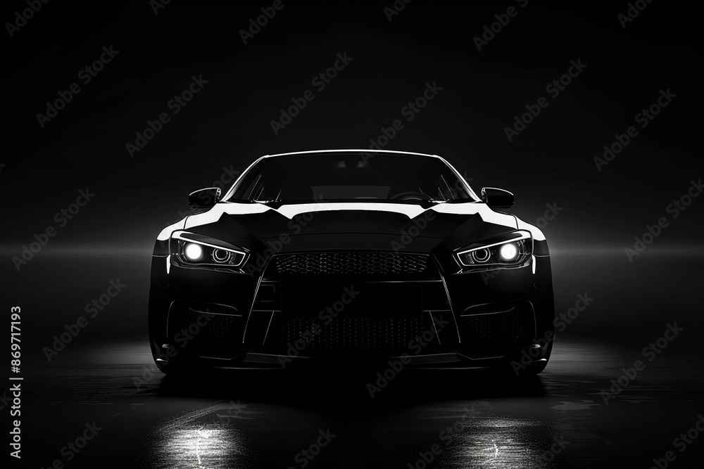 Right side of a sleek car with bright headlights cutting through a grey and black abstract background Right side of a sleek car with bright headlights cutting through a grey and black abstract background