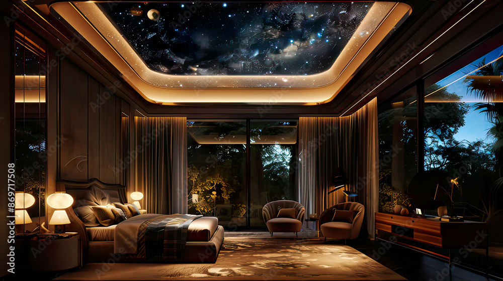 Fototapeta premium A chic bedroom with a glass ceiling revealing a starry sky, elegant furniture with soft ambient lighting, hyper-realistic and ultra-detailed 