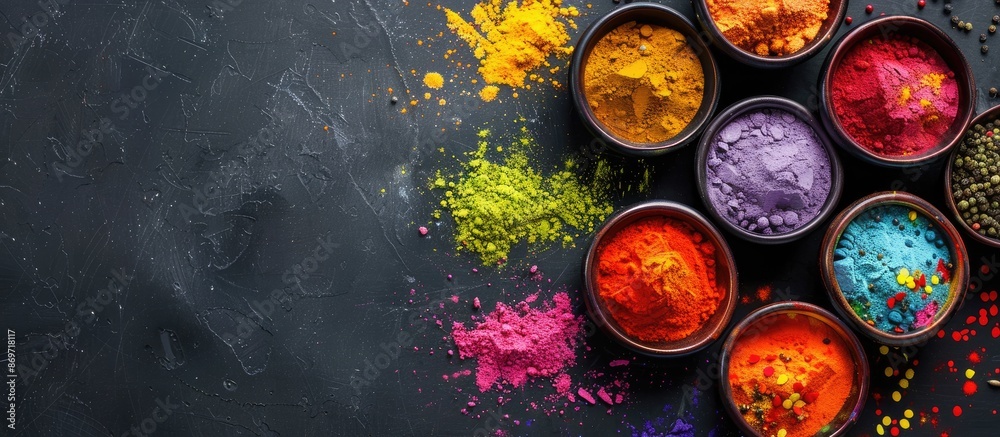 Flat lay with traditional Indian cuisine and vibrant color powders on a black backdrop, ideal for Holi festival celebration copy space image. Flat lay with traditional Indian cuisine and vibrant color powders on a black backdrop, ideal for Holi festival celebration copy space image.