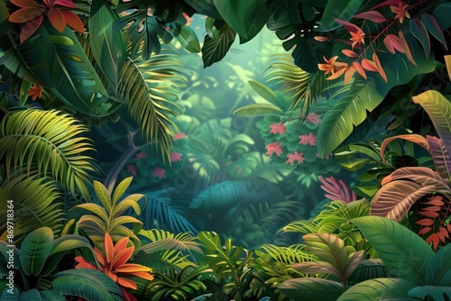 Stylized jungle scene with exotic plants and vibrant colors, ideal for themes related to travel and nature. photo