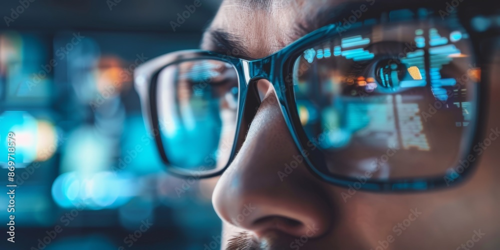 Close-up of a person wearing glasses with reflection of binary code. Technology concept. Close-up of a person wearing glasses with reflection of binary code. Technology concept.