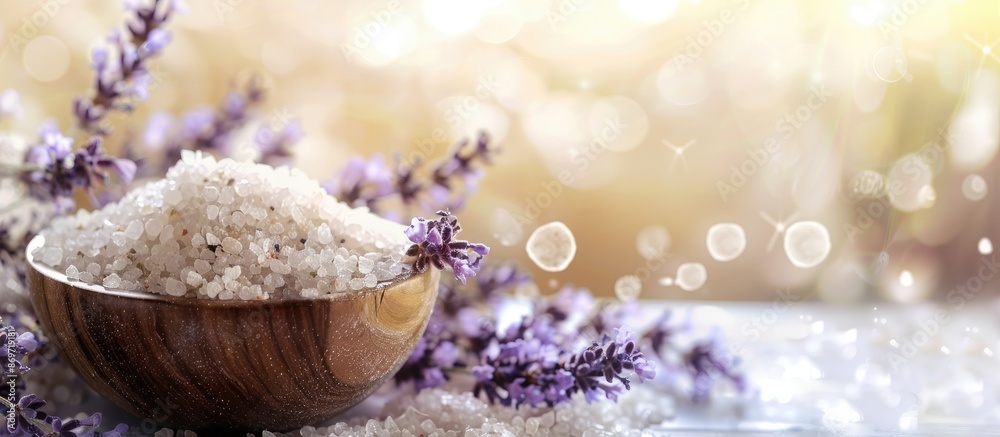 Spa setting with relaxing sea salt and lavender flowers, featuring a serene ambiance and a soothing environment with copy space image. Spa setting with relaxing sea salt and lavender flowers, featuring a serene ambiance and a soothing environment with copy space image.