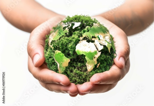 Hand holding green planet Earth in the palm. Elements of this image furnished by NASA.