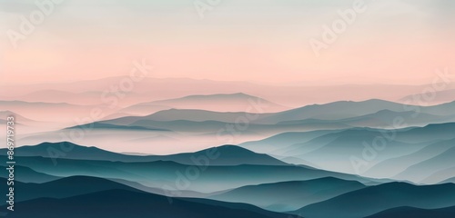 Tranquil illustration of a misty mountain range at dawn, in muted colors for a peaceful, calming effect.