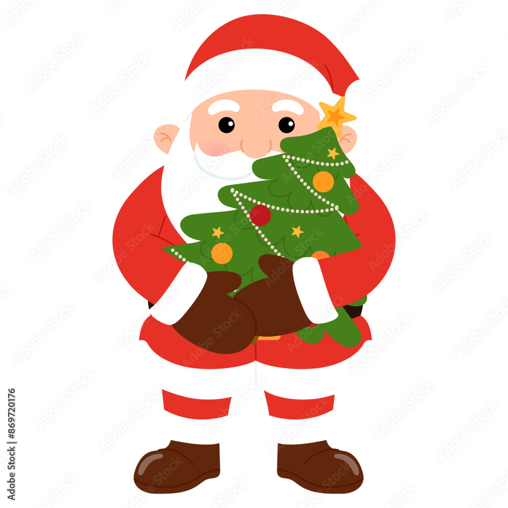 happy santa claus holding a christmas tree happy santa claus holding a christmas tree