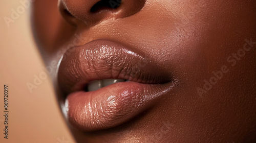 lose-up shot of a woman’s lips, natural lips of Black woman. 