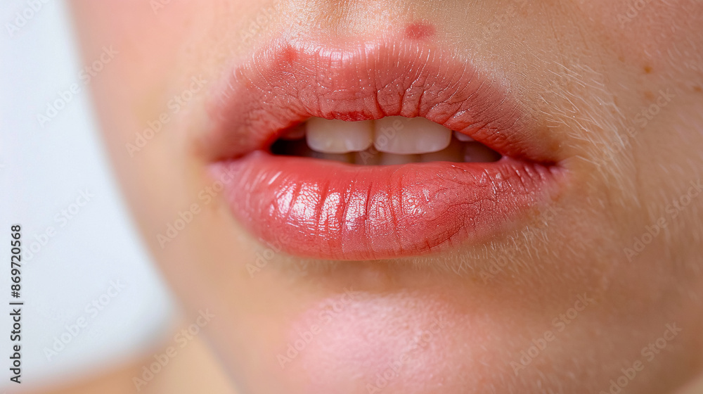 Naklejka premium Woman lips with cold sore on lips, Both oral herpes and angular cheilitis on lips, redness, rawness, and inflammation.