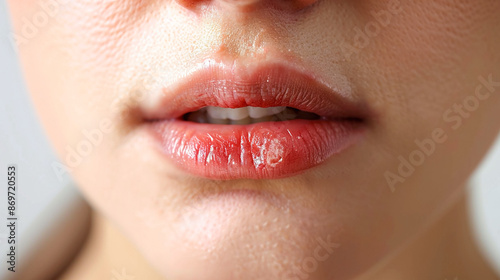 Woman lips with cold sore on lips, Both oral herpes and angular cheilitis on lips, redness, rawness, and inflammation.