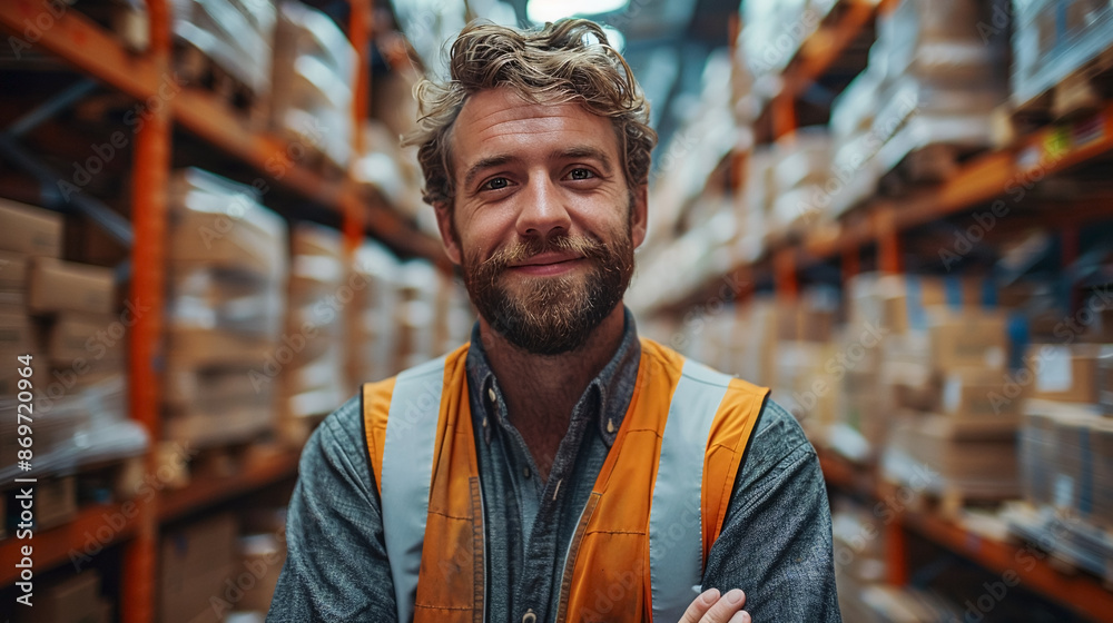 Portrait of warehouse worker in a safety vest in a large warehouse, smiling a the camera. 