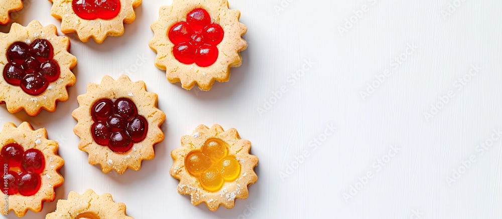 Jelly-filled cookies displayed on a white backdrop with space for adding text or graphics. Jelly-filled cookies displayed on a white backdrop with space for adding text or graphics.