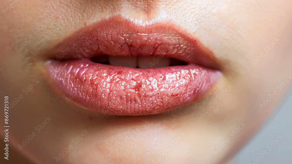 Fototapeta premium Woman lips with cold sore on lips, Both oral herpes and angular cheilitis on lips, redness, rawness, and inflammation.