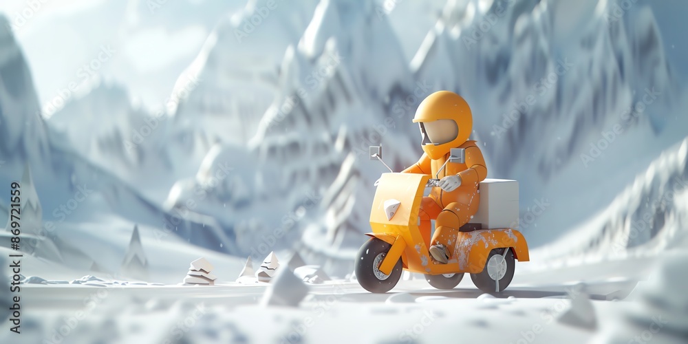A delivery man riding a scooter in the snow A delivery man riding a scooter in the snow