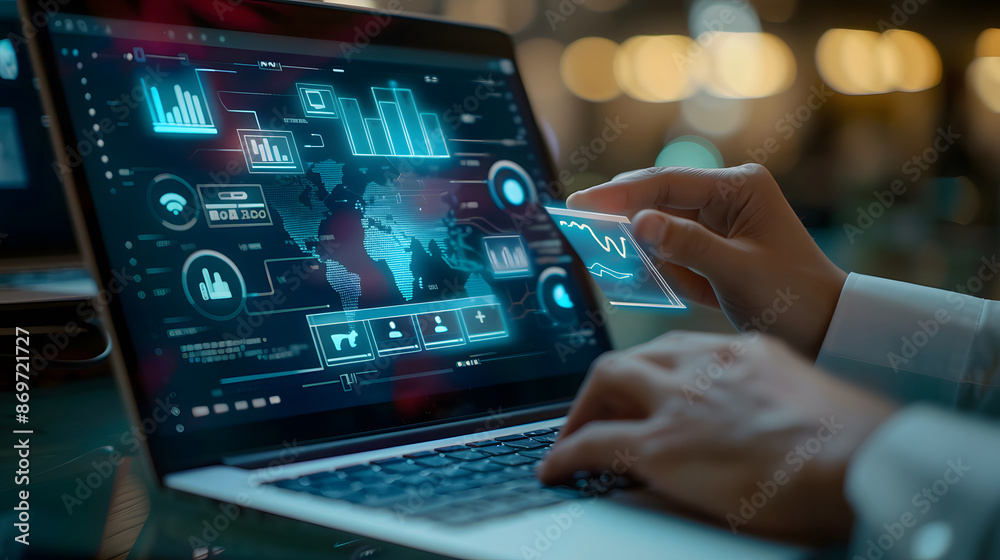 Core values responsibility ethics goals company concept. A person using a laptop with core values icons on a virtual screen design Core values responsibility ethics goals company concept. A person using a laptop with core values icons on a virtual screen design