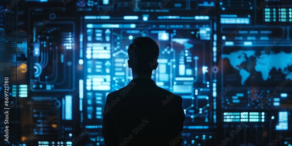 A man standing in front of a large screen with a lot of data on it. A man standing in front of a large screen with a lot of data on it.