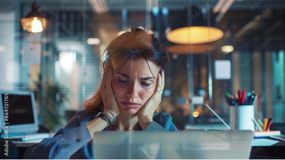 Business woman Experiencing office syndrome at Work Desk in Modern Office Environment with Laptop & Office Supplies Business woman Experiencing office syndrome at Work Desk in Modern Office Environment with Laptop & Office Supplies