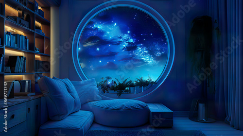 Wallpaper Mural A cozy reading corner with a view of a starry sky through a round window, minimalist design with soft blue lighting, hyper-realistic detail  Torontodigital.ca