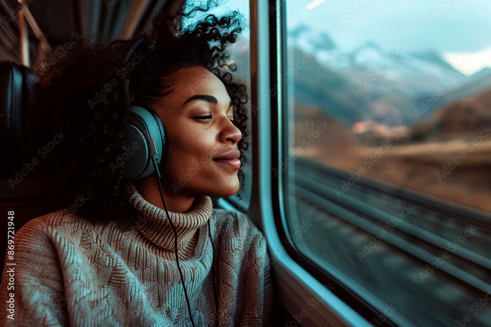 A woman with headphones enjoys a music track while riding a train, her closed eyes indicating deep contentment as she listens and travels through picturesque landscape. A woman with headphones enjoys a music track while riding a train, her closed eyes indicating deep contentment as she listens and travels through picturesque landscape.
