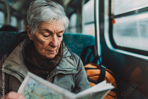 An elderly woman sits on a train with a backpack, focused intently on reading a map as she manages her travel plans, representing wisdom and adventure.