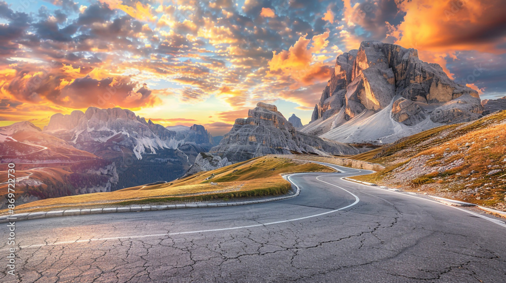 Fototapeta premium Winding asphalt road in the mountains with a beautiful sunset sky at the Dolomites