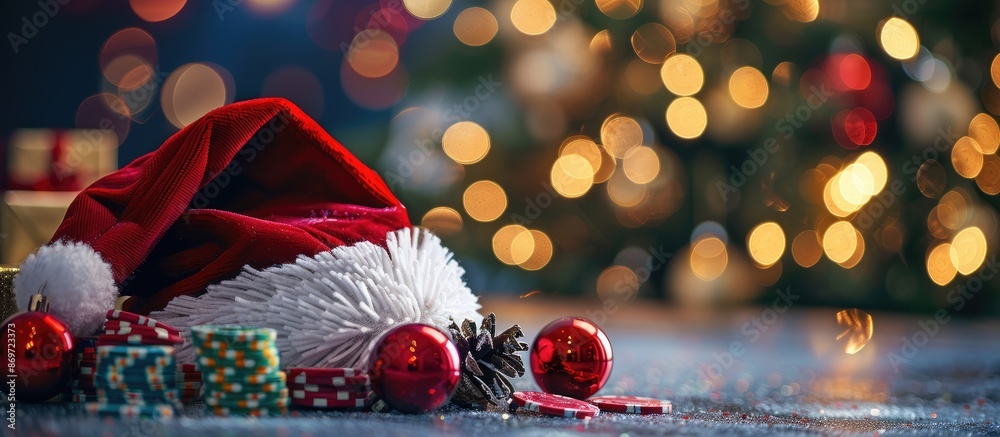 Casino chips and a Santa hat in a festive setting with copy space image.
