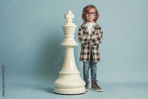 smart-looking caucasian child with huge chess piece, portrait of child boy with giant chess king on plain background, children chess studio concept