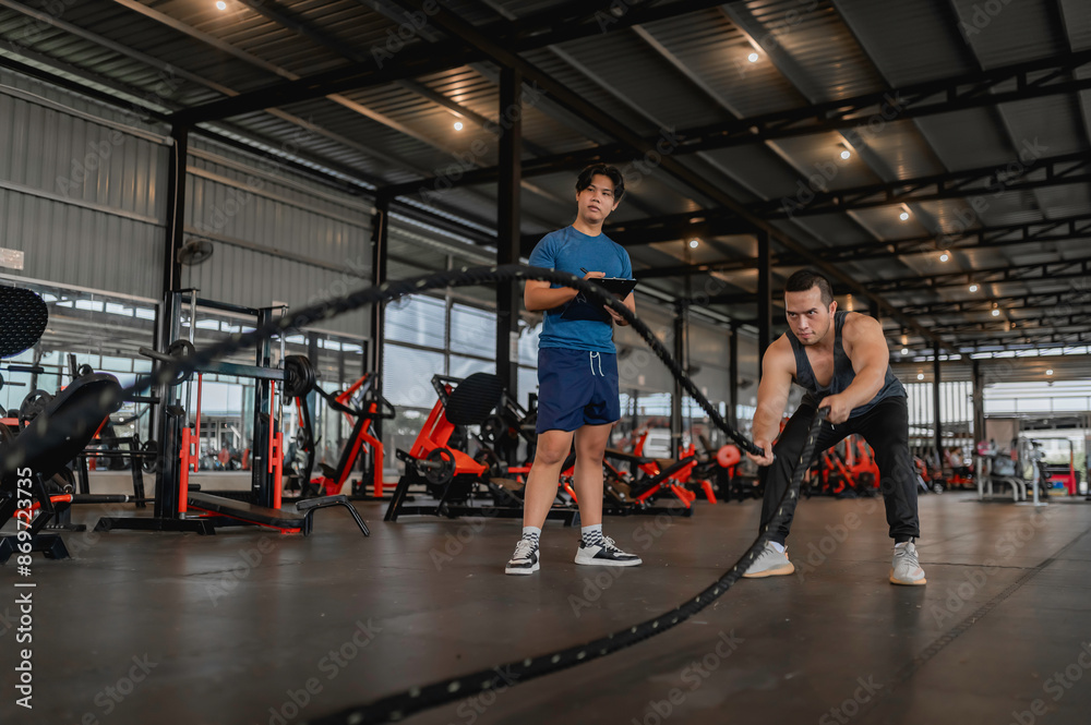 Obraz premium Asian man sitting on a stool with personal trainer,Hire a professional trainer to teach weight training,body and healthy cardio sports workout
