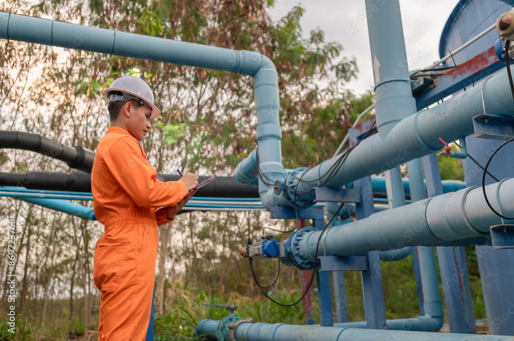 Engineer and technician maintenance checking technical data of system equipment Condenser Water pump and pressure gauge,environmentalist working at water supply