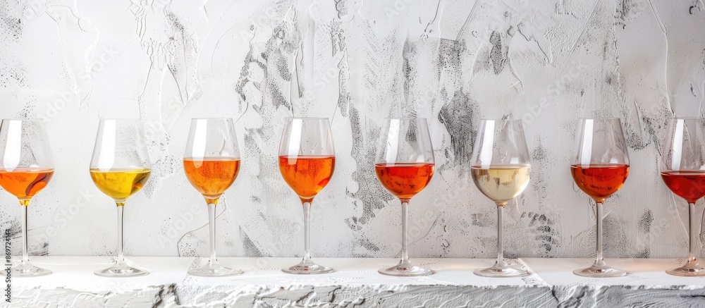 Orange wine trend displayed with white wine in various glasses on a white concrete background with ample copy space image. Orange wine trend displayed with white wine in various glasses on a white concrete background with ample copy space image.