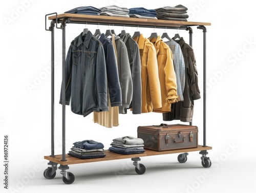 A clothes rack with various clothing items hanging on it, white background