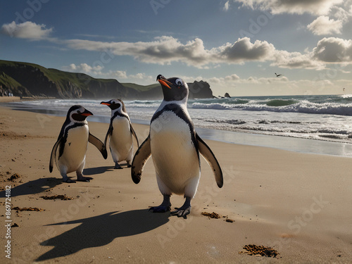 Black and white penguins, possibly cute, waddle on a beach in Antarctica photo