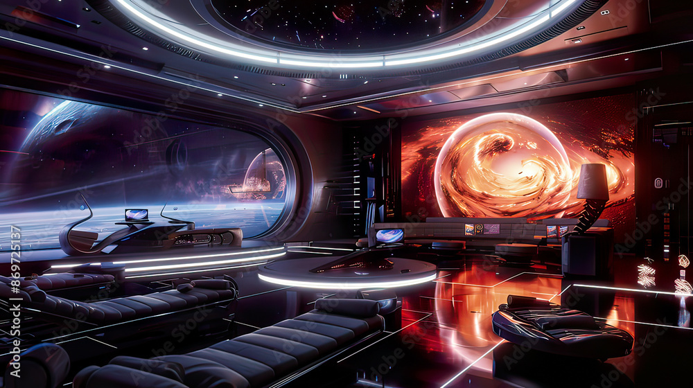 A high-tech gaming room with holographic screens and a view of a swirling galaxy, sleek furniture with ambient lighting, photorealistic and ultra-detailed A high-tech gaming room with holographic screens and a view of a swirling galaxy, sleek furniture with ambient lighting, photorealistic and ultra-detailed