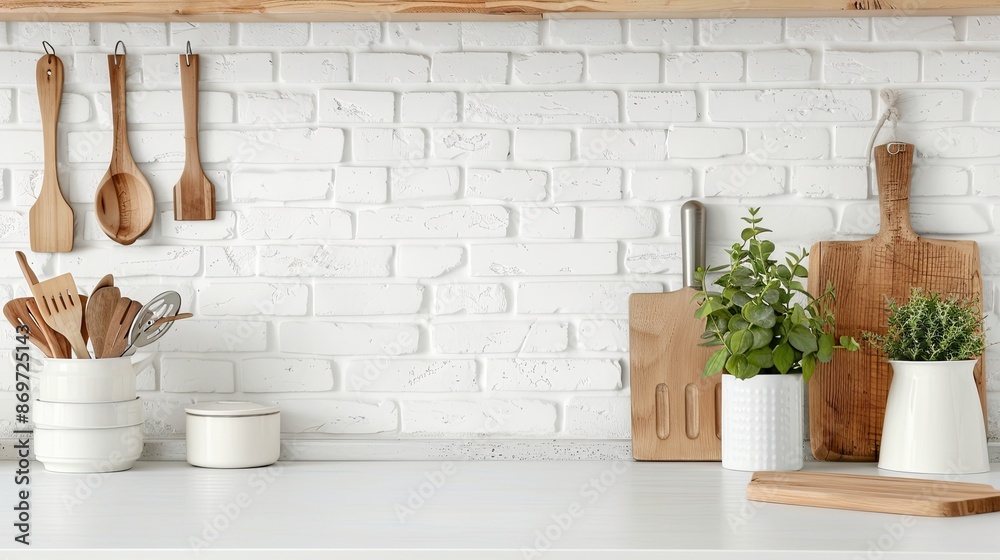 A clean, white kitchen countertop with a white brick backsplash. There are wooden utensils, a cutting board, two white pitchers, two glass jars, a wooden pepper shaker, and two potted plants A clean, white kitchen countertop with a white brick backsplash. There are wooden utensils, a cutting board, two white pitchers, two glass jars, a wooden pepper shaker, and two potted plants