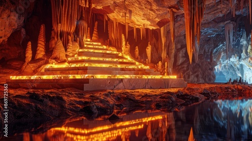A 3D podium in a cave filled with glowing stalactites and stalagmites, with a hidden lake reflecting the eerie light. © Faisal Ai