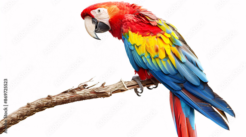 Fototapeta premium beautiful Scarlet macaw bird on branch isolated on white background.